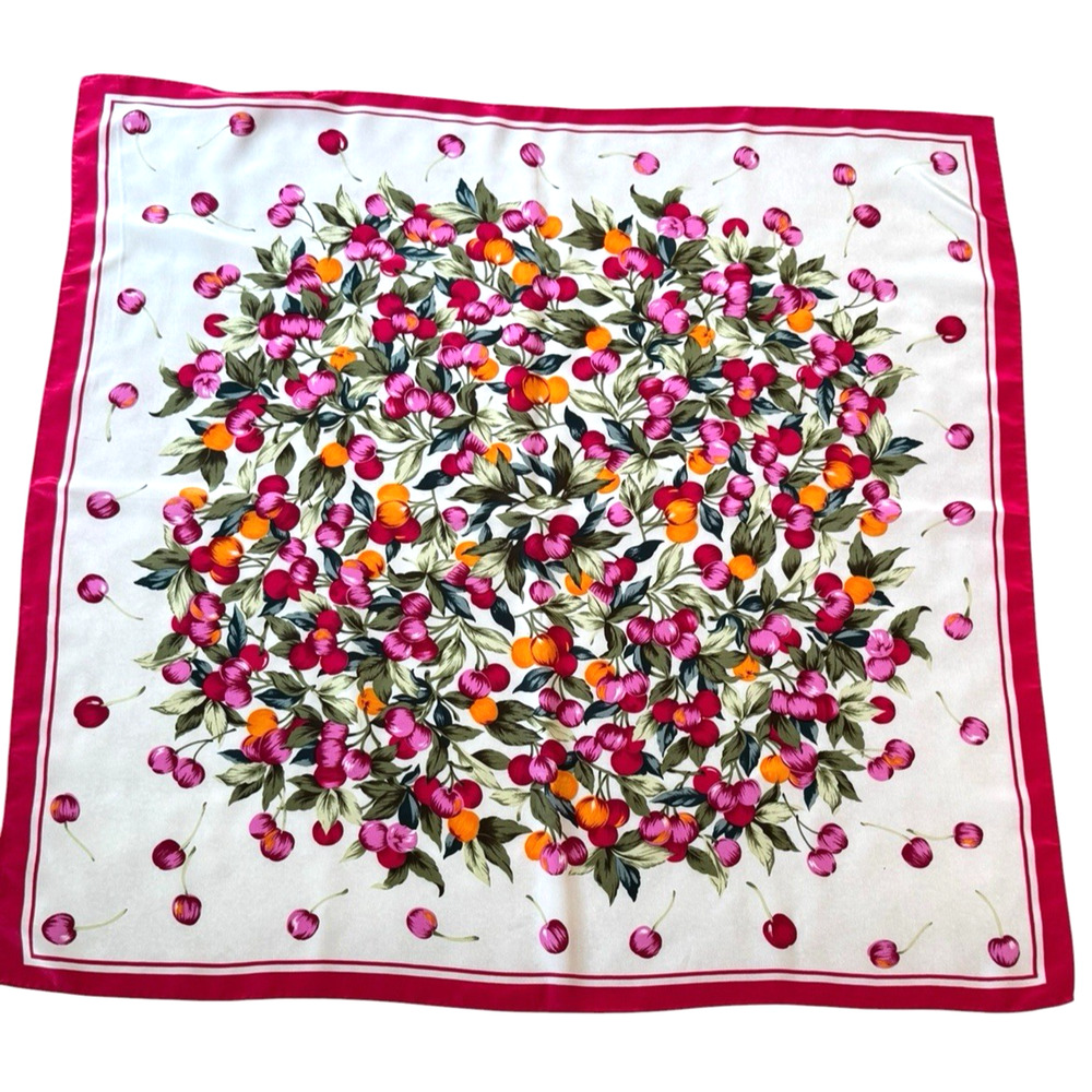 Vintage Cherries 100% Silk Scarf 30" Square Hand Rolled Hem Pink Multi
